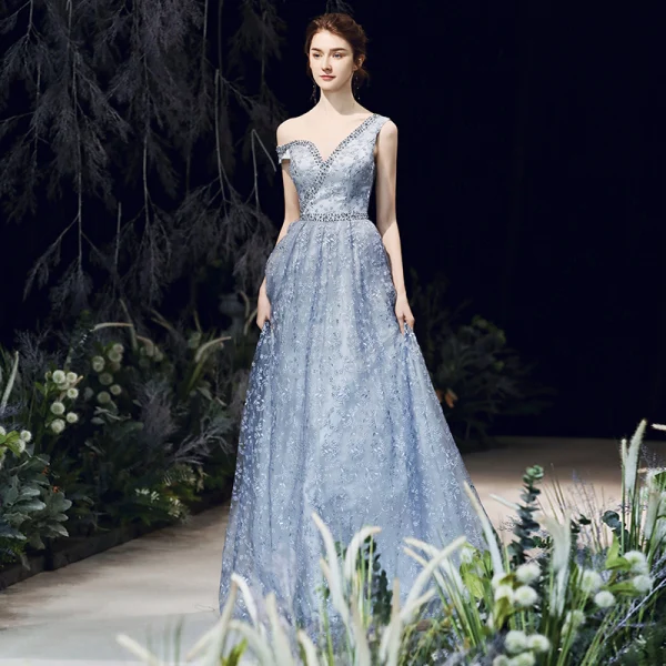 Chic / Belle Bleu Ciel Robe De Soirée 2020 Princesse Une épaule Manches Courtes Perlage Appliques En Dentelle Longue Volants Dos Nu Robe De Ceremonie