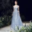 Chic / Belle Bleu Ciel Robe De Soirée 2020 Princesse Une épaule Manches Courtes Perlage Appliques En Dentelle Longue Volants Dos Nu Robe De Ceremonie