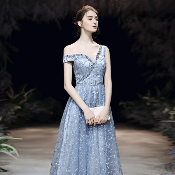 Chic / Belle Bleu Ciel Robe De Soirée 2020 Princesse Une épaule Manches Courtes Perlage Appliques En Dentelle Longue Volants Dos Nu Robe De Ceremonie