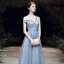 Chic / Belle Bleu Ciel Robe De Soirée 2020 Princesse Une épaule Manches Courtes Perlage Appliques En Dentelle Longue Volants Dos Nu Robe De Ceremonie