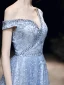 Chic / Belle Bleu Ciel Robe De Soirée 2020 Princesse Une épaule Manches Courtes Perlage Appliques En Dentelle Longue Volants Dos Nu Robe De Ceremonie