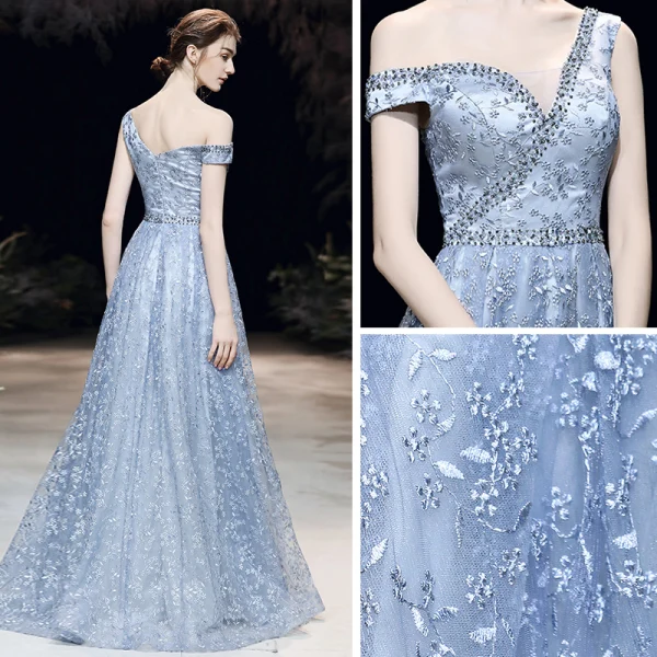 Chic / Belle Bleu Ciel Robe De Soirée 2020 Princesse Une épaule Manches Courtes Perlage Appliques En Dentelle Longue Volants Dos Nu Robe De Ceremonie