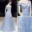 Chic / Belle Bleu Ciel Robe De Soirée 2020 Princesse Une épaule Manches Courtes Perlage Appliques En Dentelle Longue Volants Dos Nu Robe De Ceremonie