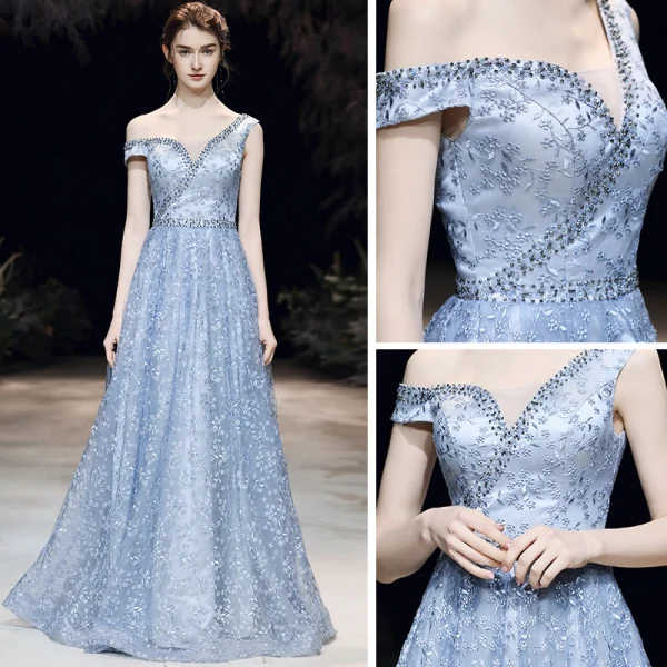 Chic / Belle Bleu Ciel Robe De Soirée 2020 Princesse Une épaule Manches Courtes Perlage Appliques En Dentelle Longue Volants Dos Nu Robe De Ceremonie