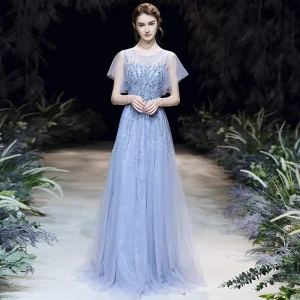 High End Sky Blue Evening Dresses 2020 A Line Princess Square Neckline Short Sleeve Sequins Beading Floor Length Long Ruffle Formal Dresses