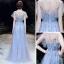 High End Himmelblau Abendkleider 2020 A Linie Eckiger Ausschnitt Kurze Ärmel Pailletten Perlenstickerei Lange Rüschen Festliche Kleider