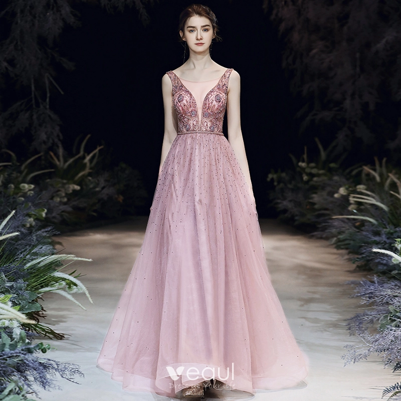 High-end Blushing Pink Evening Dresses 2020 A-Line / Princess See-through Deep V-Neck Sleeveless Beading Pearl Rhinestone Sash Floor-Length / Long