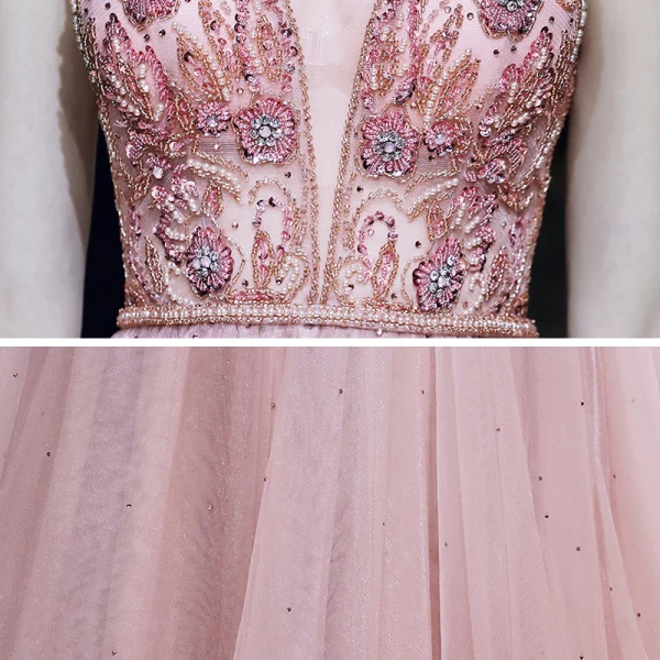 High End Rosa Abendkleider 2020 A Linie Durchsichtige Tiefer V-Ausschnitt Ärmellos Perlenstickerei Perle Strass Stoffgürtel Lange Rüschen Rückenfreies Festliche Kleider