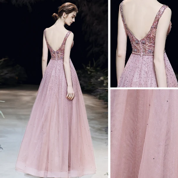 High End Rosa Abendkleider 2020 A Linie Durchsichtige Tiefer V-Ausschnitt Ärmellos Perlenstickerei Perle Strass Stoffgürtel Lange Rüschen Rückenfreies Festliche Kleider