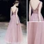 High End Rosa Abendkleider 2020 A Linie Durchsichtige Tiefer V-Ausschnitt Ärmellos Perlenstickerei Perle Strass Stoffgürtel Lange Rüschen Rückenfreies Festliche Kleider