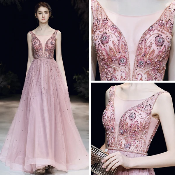 High End Rosa Abendkleider 2020 A Linie Durchsichtige Tiefer V-Ausschnitt Ärmellos Perlenstickerei Perle Strass Stoffgürtel Lange Rüschen Rückenfreies Festliche Kleider