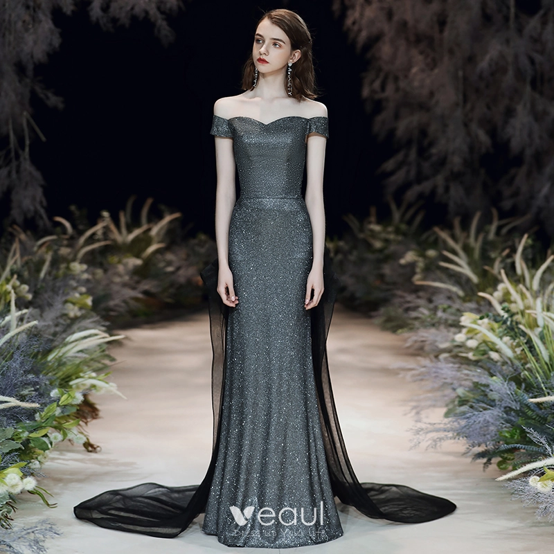 Hermoso Plata Negro Vestidos de noche 2020 Trumpet Mermaid Fuera