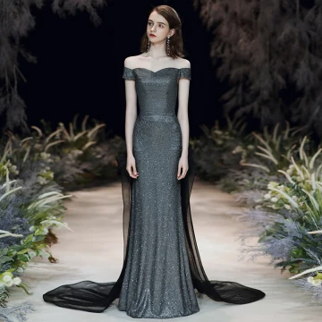 Chic Belle Argenté Noire Robe De Soirée 2020 Trompette Sirène De L 039 Épaule Manches Courtes Glitter Polyester Détachable Train De Balayage Dos Nu Robe De Ceremonie