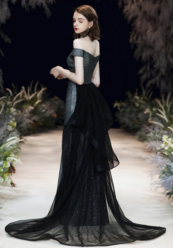 Chic / Belle Argenté Noire Robe De Soirée 2020 Trompette / Sirène De l'épaule Manches Courtes Glitter Polyester Détachable Train De Balayage Dos Nu Robe De Ceremonie