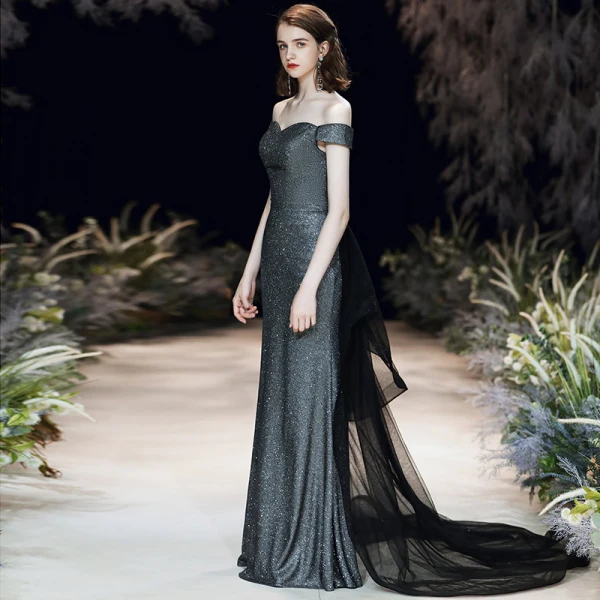 Chic / Belle Argenté Noire Robe De Soirée 2020 Trompette / Sirène De l'épaule Manches Courtes Glitter Polyester Détachable Train De Balayage Dos Nu Robe De Ceremonie