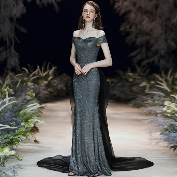 Chic / Belle Argenté Noire Robe De Soirée 2020 Trompette / Sirène De l'épaule Manches Courtes Glitter Polyester Détachable Train De Balayage Dos Nu Robe De Ceremonie
