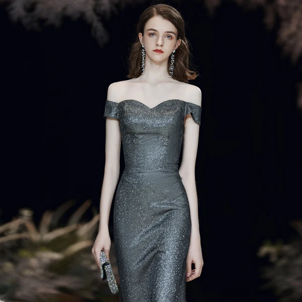 Chic / Belle Argenté Noire Robe De Soirée 2020 Trompette / Sirène De l'épaule Manches Courtes Glitter Polyester Détachable Train De Balayage Dos Nu Robe De Ceremonie
