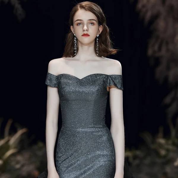 Chic / Belle Argenté Noire Robe De Soirée 2020 Trompette / Sirène De l'épaule Manches Courtes Glitter Polyester Détachable Train De Balayage Dos Nu Robe De Ceremonie