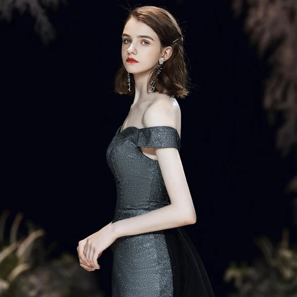 Chic / Belle Argenté Noire Robe De Soirée 2020 Trompette / Sirène De l'épaule Manches Courtes Glitter Polyester Détachable Train De Balayage Dos Nu Robe De Ceremonie
