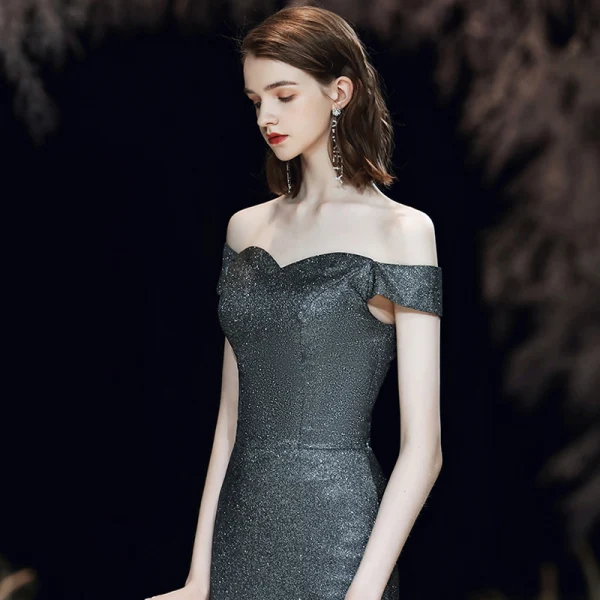 Chic / Belle Argenté Noire Robe De Soirée 2020 Trompette / Sirène De l'épaule Manches Courtes Glitter Polyester Détachable Train De Balayage Dos Nu Robe De Ceremonie