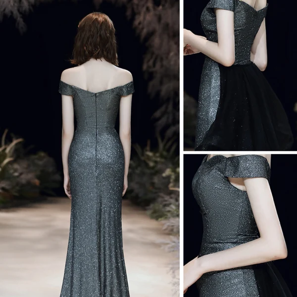 Chic / Belle Argenté Noire Robe De Soirée 2020 Trompette / Sirène De l'épaule Manches Courtes Glitter Polyester Détachable Train De Balayage Dos Nu Robe De Ceremonie