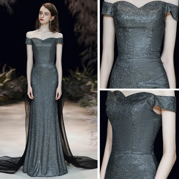 Chic / Belle Argenté Noire Robe De Soirée 2020 Trompette / Sirène De l'épaule Manches Courtes Glitter Polyester Détachable Train De Balayage Dos Nu Robe De Ceremonie