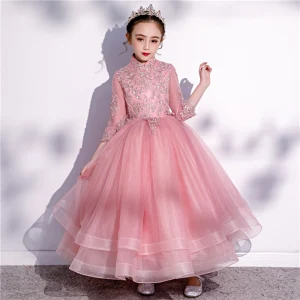 Vintage Retro Candy Pink Birthday Flower Girl Dresses 2020 Ball Gown High Neck 3 4 Sleeve Appliques Lace Sequins Ankle Length Cascading Ruffles
