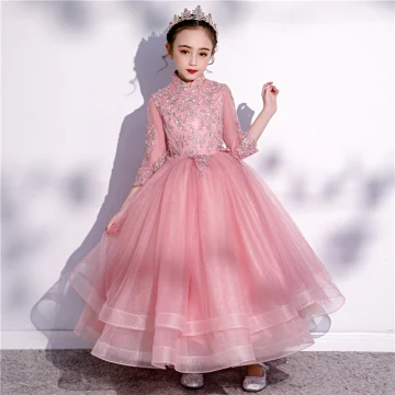 Vintage Retro Candy Pink Birthday Flower Girl Dresses 2020 Ball Gown High Neck 3 4 Sleeve Appliques Lace Sequins Ankle Length Cascading Ruffles