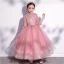 Vintage / Retro Candy Pink Birthday Flower Girl Dresses 2020 Ball Gown High Neck 3/4 Sleeve Appliques Lace Sequins Ankle Length Cascading Ruffles
