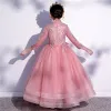 Vintage / Retro Candy Pink Birthday Flower Girl Dresses 2020 Ball Gown High Neck 3/4 Sleeve Appliques Lace Sequins Ankle Length Cascading Ruffles