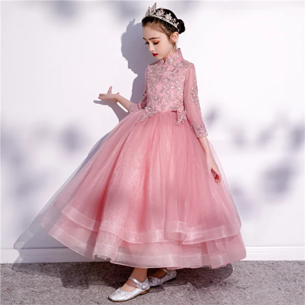 Vintage / Retro Candy Pink Birthday Flower Girl Dresses 2020 Ball Gown High Neck 3/4 Sleeve Appliques Lace Sequins Ankle Length Cascading Ruffles