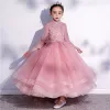 Vintage / Retro Candy Pink Birthday Flower Girl Dresses 2020 Ball Gown High Neck 3/4 Sleeve Appliques Lace Sequins Ankle Length Cascading Ruffles