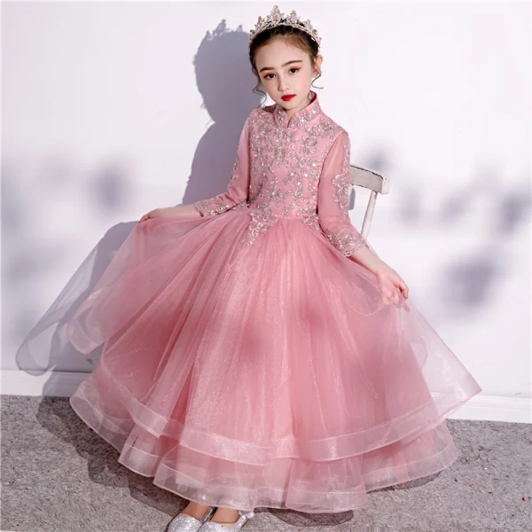 Vintage / Retro Candy Pink Birthday Flower Girl Dresses 2020 Ball Gown High Neck 3/4 Sleeve Appliques Lace Sequins Ankle Length Cascading Ruffles