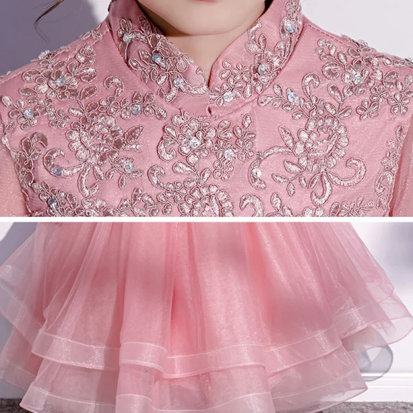 Vintage / Retro Candy Pink Birthday Flower Girl Dresses 2020 Ball Gown High Neck 3/4 Sleeve Appliques Lace Sequins Ankle Length Cascading Ruffles