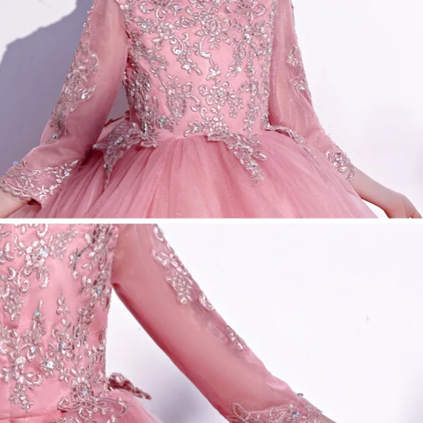 Vintage / Retro Candy Pink Birthday Flower Girl Dresses 2020 Ball Gown High Neck 3/4 Sleeve Appliques Lace Sequins Ankle Length Cascading Ruffles
