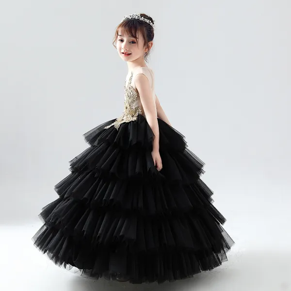 Iluzja Czarne Przezroczyste Urodziny Sukienki Dla Dziewczynek 2020 Suknia Balowa Wycięciem Bez Rękawów Złote Kwiat Aplikacje Z Koronki Frezowanie Długie Kaskadowe Falbany
