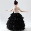 Illusion Black See-through Birthday Flower Girl Dresses 2020 Ball Gown Scoop Neck Sleeveless Gold Flower Appliques Lace Beading Floor-Length / Long Cascading Ruffles