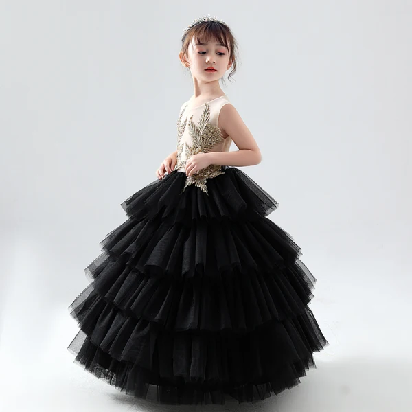 Illusion Black See-through Birthday Flower Girl Dresses 2020 Ball Gown Scoop Neck Sleeveless Gold Flower Appliques Lace Beading Floor-Length / Long Cascading Ruffles