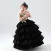 Illusion Black See-through Birthday Flower Girl Dresses 2020 Ball Gown Scoop Neck Sleeveless Gold Flower Appliques Lace Beading Floor-Length / Long Cascading Ruffles