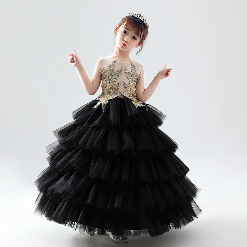 Illusion Black See Through Birthday Flower Girl Dresses 2020 Ball Gown  Scoop Neck Sleeveless Gold Flower Appliques Lace Beading Floor Length Long  Cascading Ruffles
