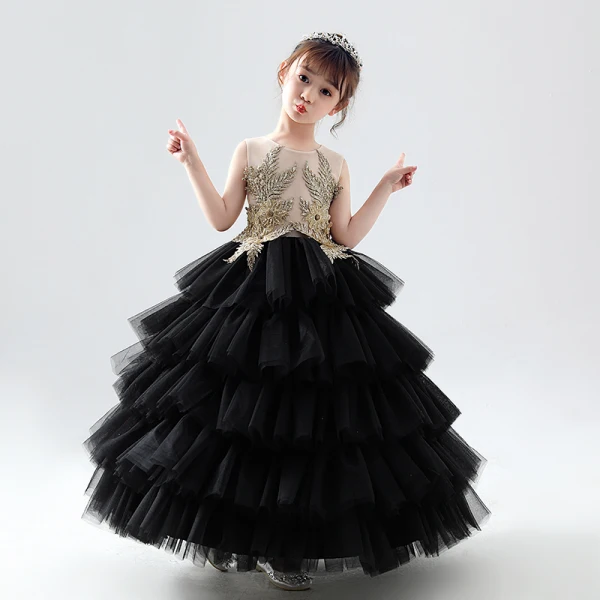 Illusion Black See-through Birthday Flower Girl Dresses 2020 Ball Gown Scoop Neck Sleeveless Gold Flower Appliques Lace Beading Floor-Length / Long Cascading Ruffles