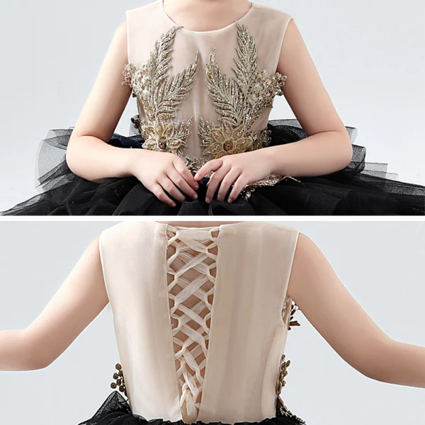 Illusion Black See-through Birthday Flower Girl Dresses 2020 Ball Gown Scoop Neck Sleeveless Gold Flower Appliques Lace Beading Floor-Length / Long Cascading Ruffles