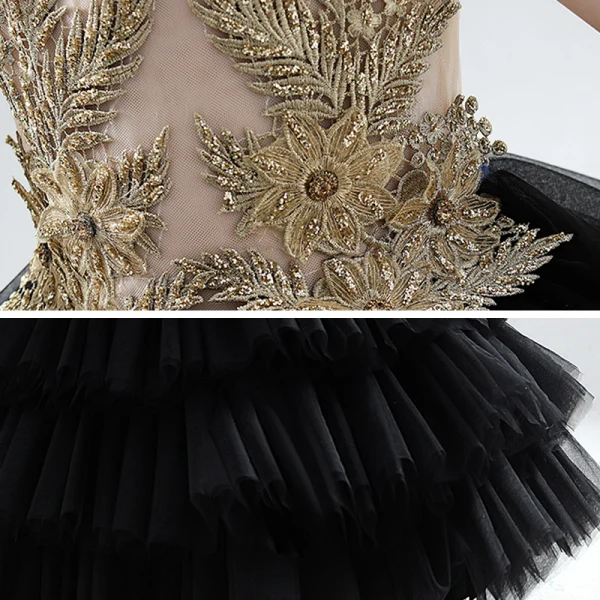 Illusion Black See-through Birthday Flower Girl Dresses 2020 Ball Gown Scoop Neck Sleeveless Gold Flower Appliques Lace Beading Floor-Length / Long Cascading Ruffles