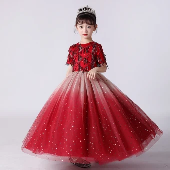 Chic Belle Rouge Anniversaire Robe Ceremonie Fille 2020 Robe Boule Encolure Dégagée Manches Courtes Paillettes Gland Glitter Tulle Longue Volants