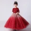 Chic / Belle Rouge Anniversaire Robe Ceremonie Fille 2020 Robe Boule Encolure Dégagée Manches Courtes Paillettes Gland Glitter Tulle Longue Volants