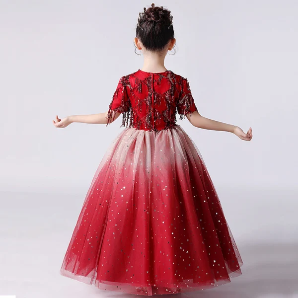 Chic / Belle Rouge Anniversaire Robe Ceremonie Fille 2020 Robe Boule Encolure Dégagée Manches Courtes Paillettes Gland Glitter Tulle Longue Volants