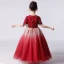 Chic / Belle Rouge Anniversaire Robe Ceremonie Fille 2020 Robe Boule Encolure Dégagée Manches Courtes Paillettes Gland Glitter Tulle Longue Volants