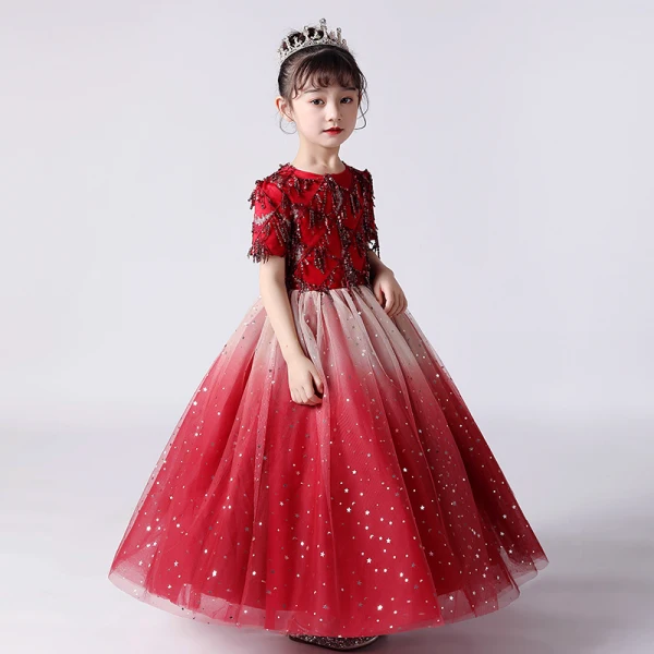 Chic / Belle Rouge Anniversaire Robe Ceremonie Fille 2020 Robe Boule Encolure Dégagée Manches Courtes Paillettes Gland Glitter Tulle Longue Volants