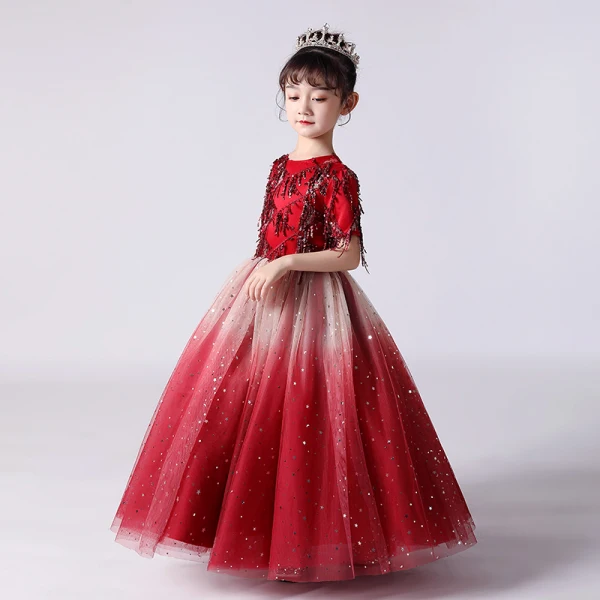 Chic / Belle Rouge Anniversaire Robe Ceremonie Fille 2020 Robe Boule Encolure Dégagée Manches Courtes Paillettes Gland Glitter Tulle Longue Volants