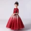 Chic / Belle Rouge Anniversaire Robe Ceremonie Fille 2020 Robe Boule Encolure Dégagée Manches Courtes Paillettes Gland Glitter Tulle Longue Volants